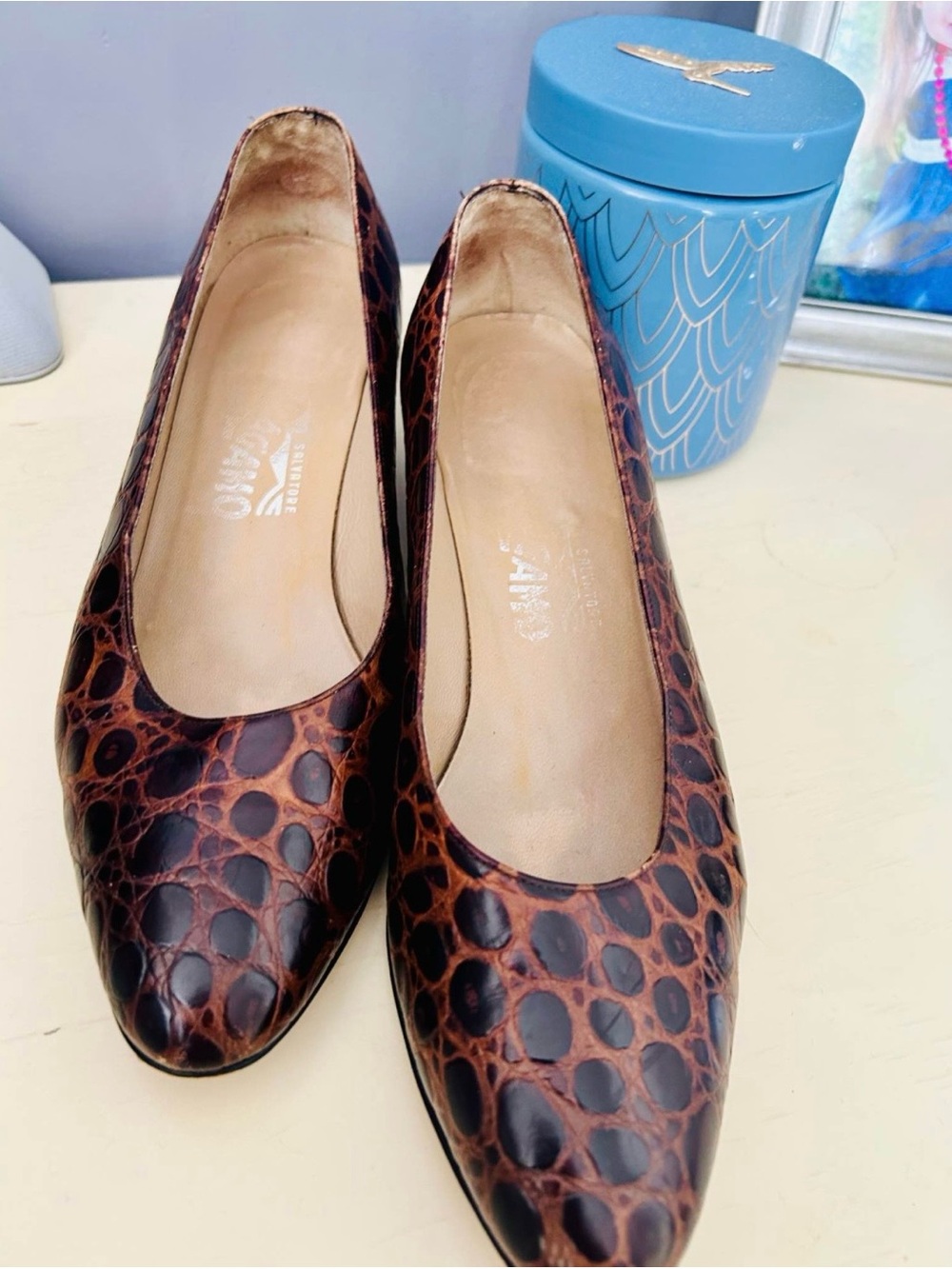 Salvatore Ferragamo Authentic Vintage Brown Croc-Embossed Pointed Toe Flats